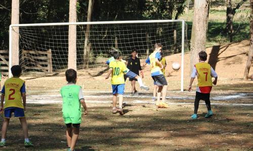 Crianças Jogam Jogo De Futebol. Crianças Em Duas Equipes Chutando